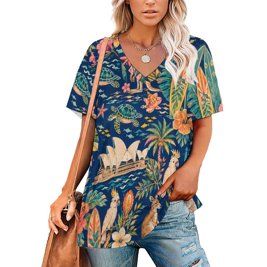 New V Neck Short-sleeve Women Shirt Printed