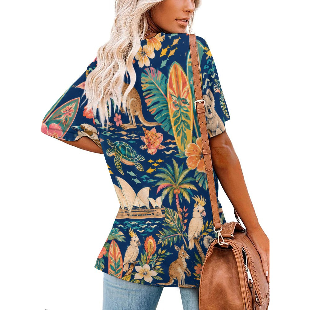 New V Neck Short-sleeve Women Shirt Printed