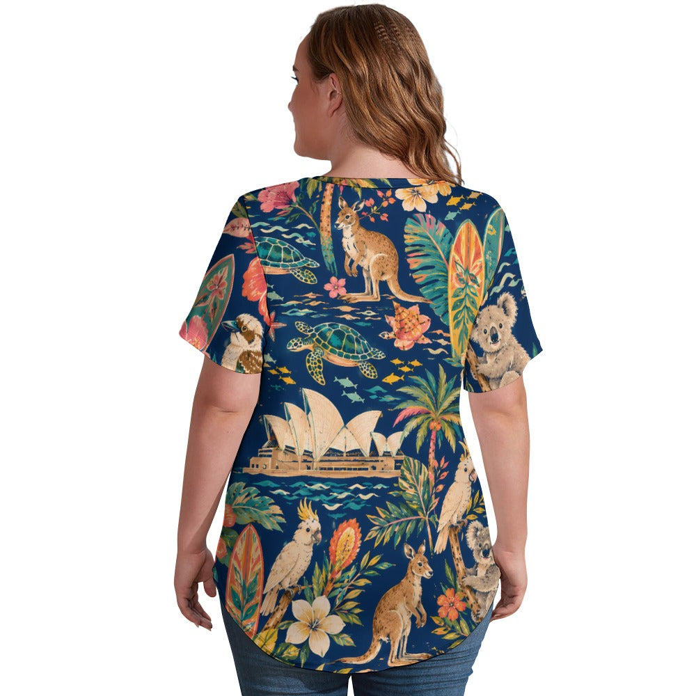 New V Neck Short-sleeve Women Shirt Printed