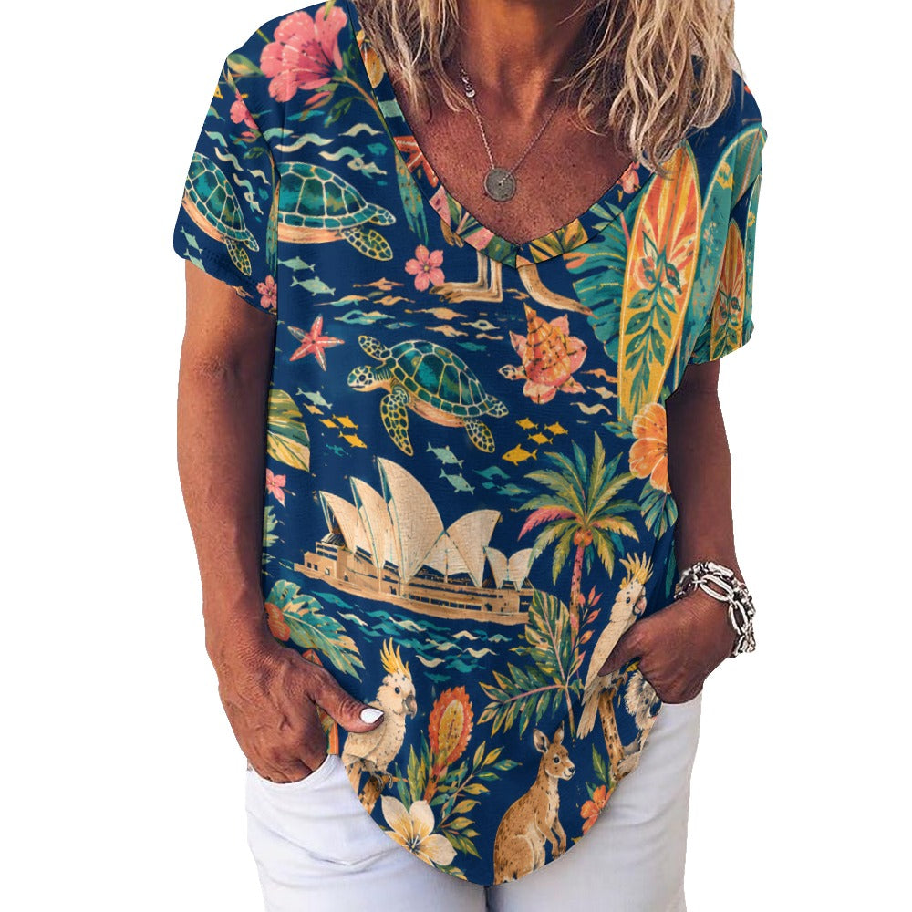 New V Neck Short-sleeve Women Shirt Printed