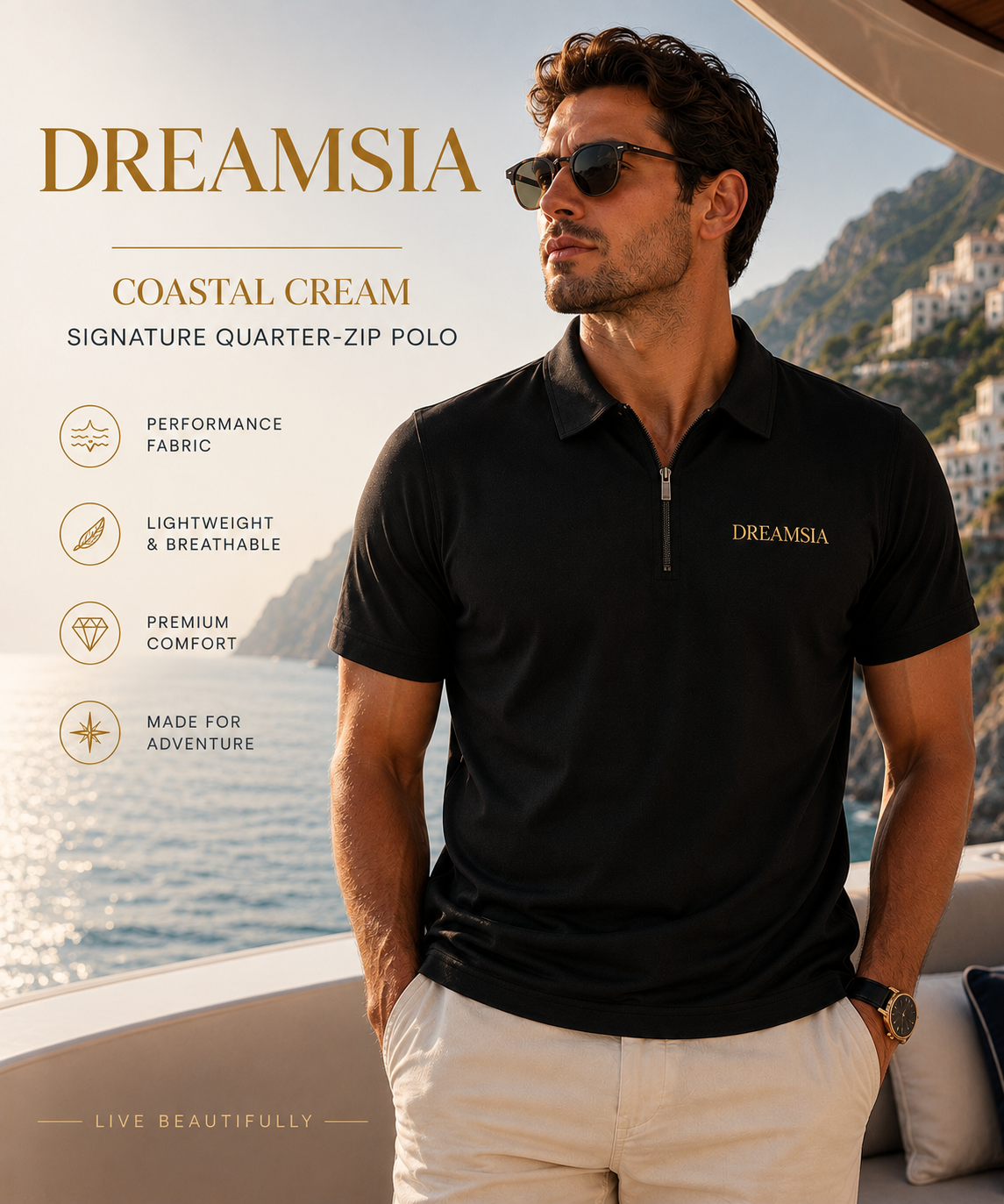 Men's Black Zip Polo Shirt