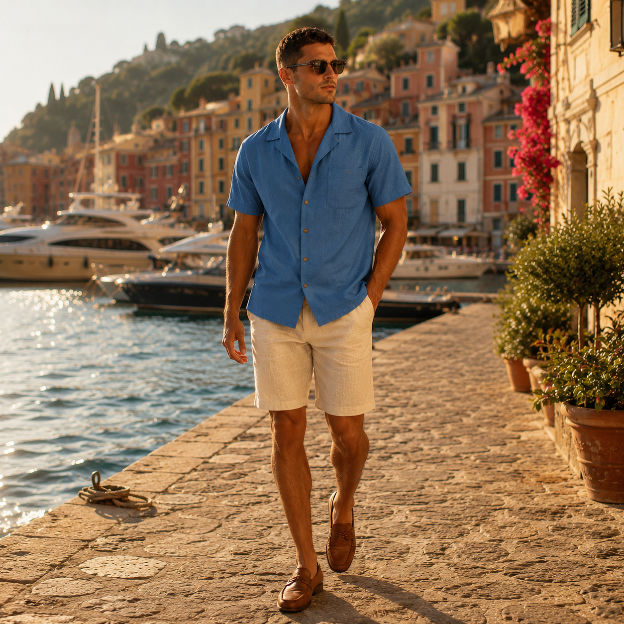 Men's Blue Short Sleeve Shirt | 140GSM Slub Cotton