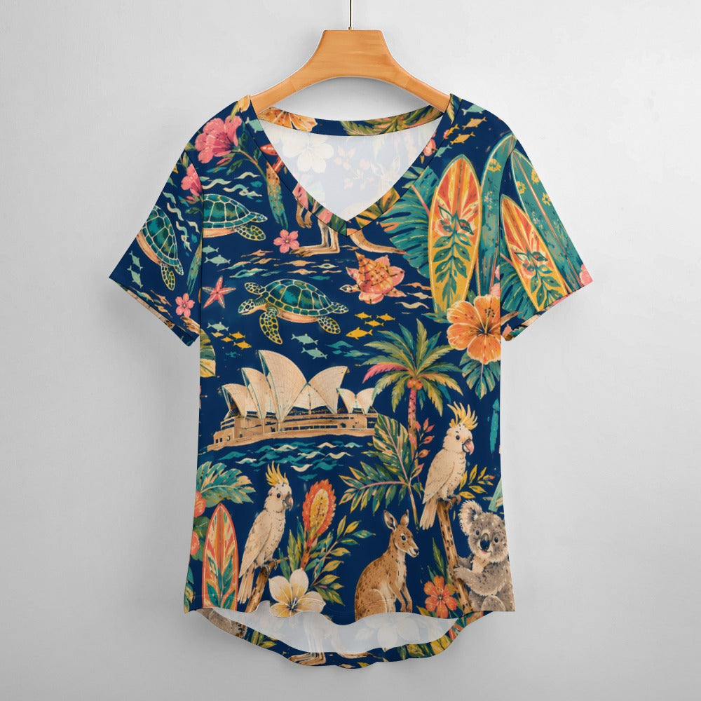 New V Neck Short-sleeve Women Shirt Printed