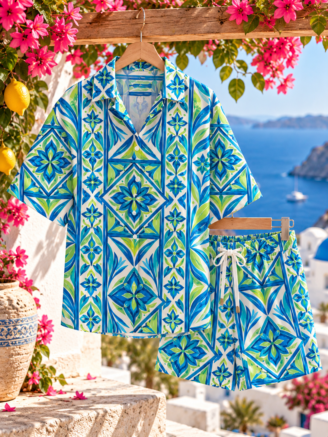 Azure Bloom Resort Set shirt and shorts hanging