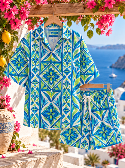 Azure Bloom Resort Set shirt and shorts hanging