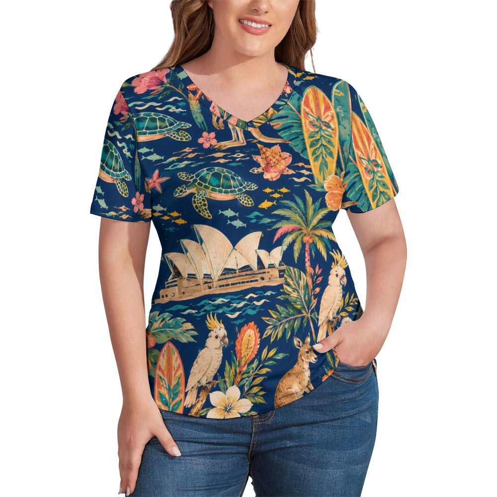 New V Neck Short-sleeve Women Shirt Printed