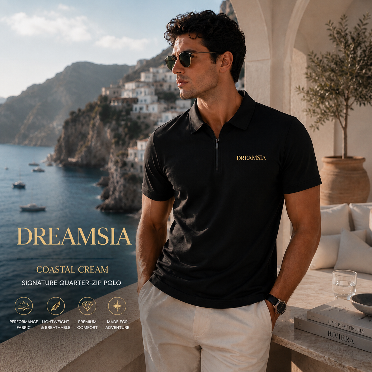 Men's Black Zip Polo Shirt