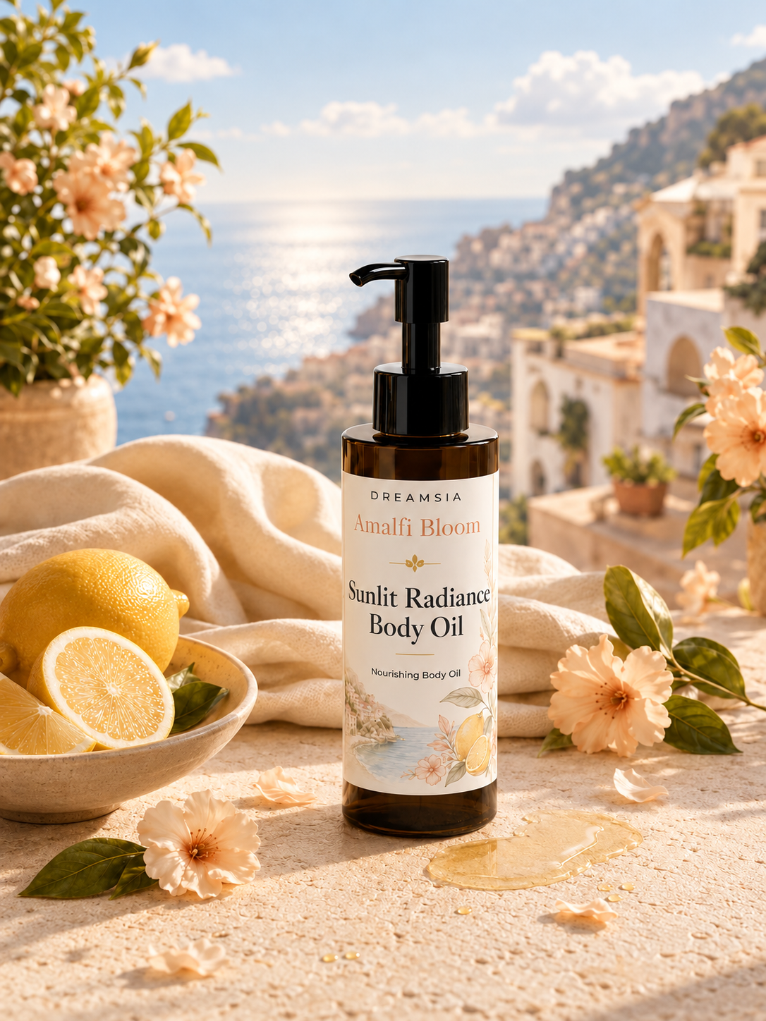 Amalfi Bloom Sunlit Radiant Body Oil beside a halved lemon, peach blossoms and a folded towel on a sunlit terrace above the sea