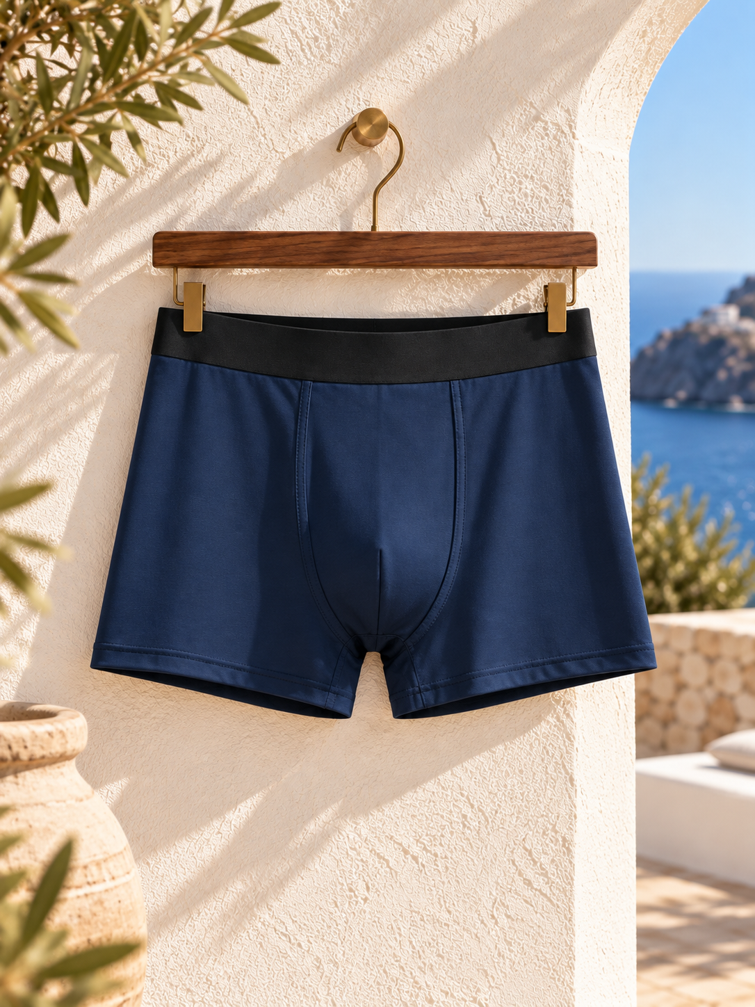 Aegean Midnight boxer briefs | Hanging navy product shot against ivory stucco villa wall