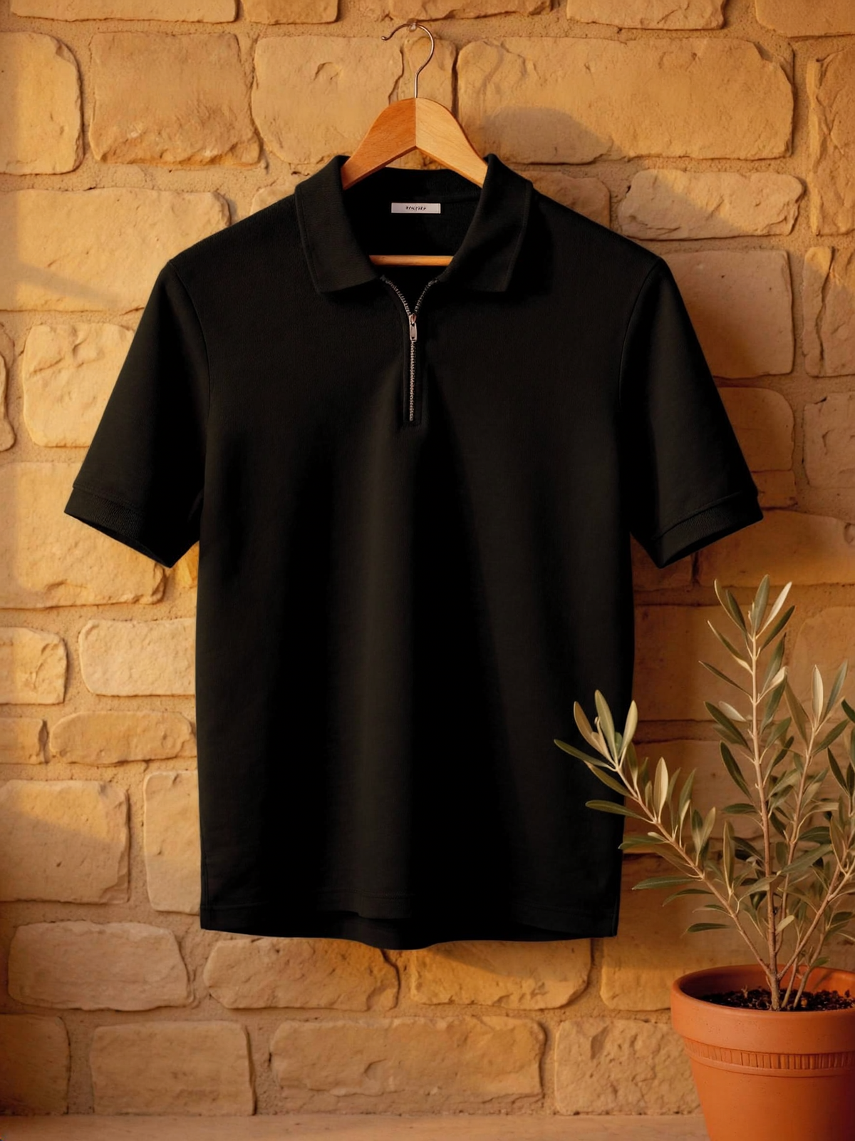 Dreamsia men's Black quarter-zip performance polo Lake Como hanging product photo 4