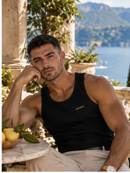 Dreamsia men's Black heavyweight ribbed tank top lifestyle photo 2
