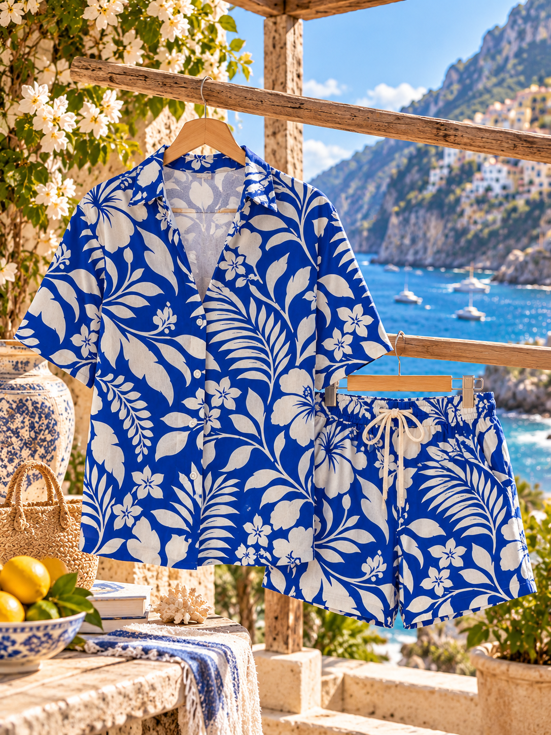 Blue-and-white floral resort matching set displayed on wooden hangers