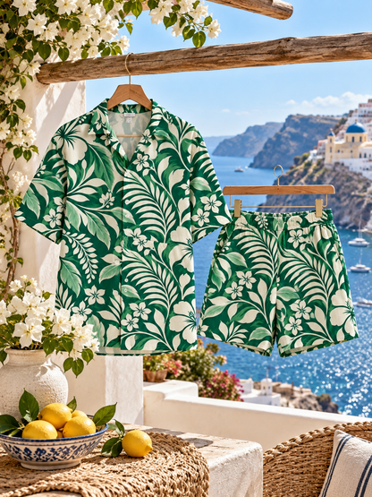 Capri Palms Resort Set emerald-green botanical shirt and matching shorts hanging on Mediterranean terrace