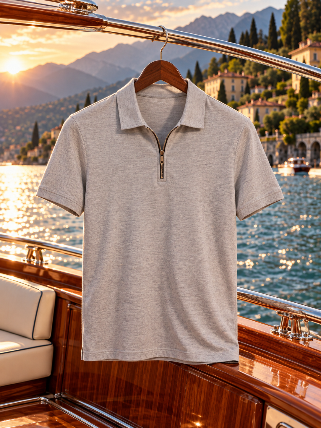 Dreamsia men's light gray quarter-zip performance polo hanging at Lake Como