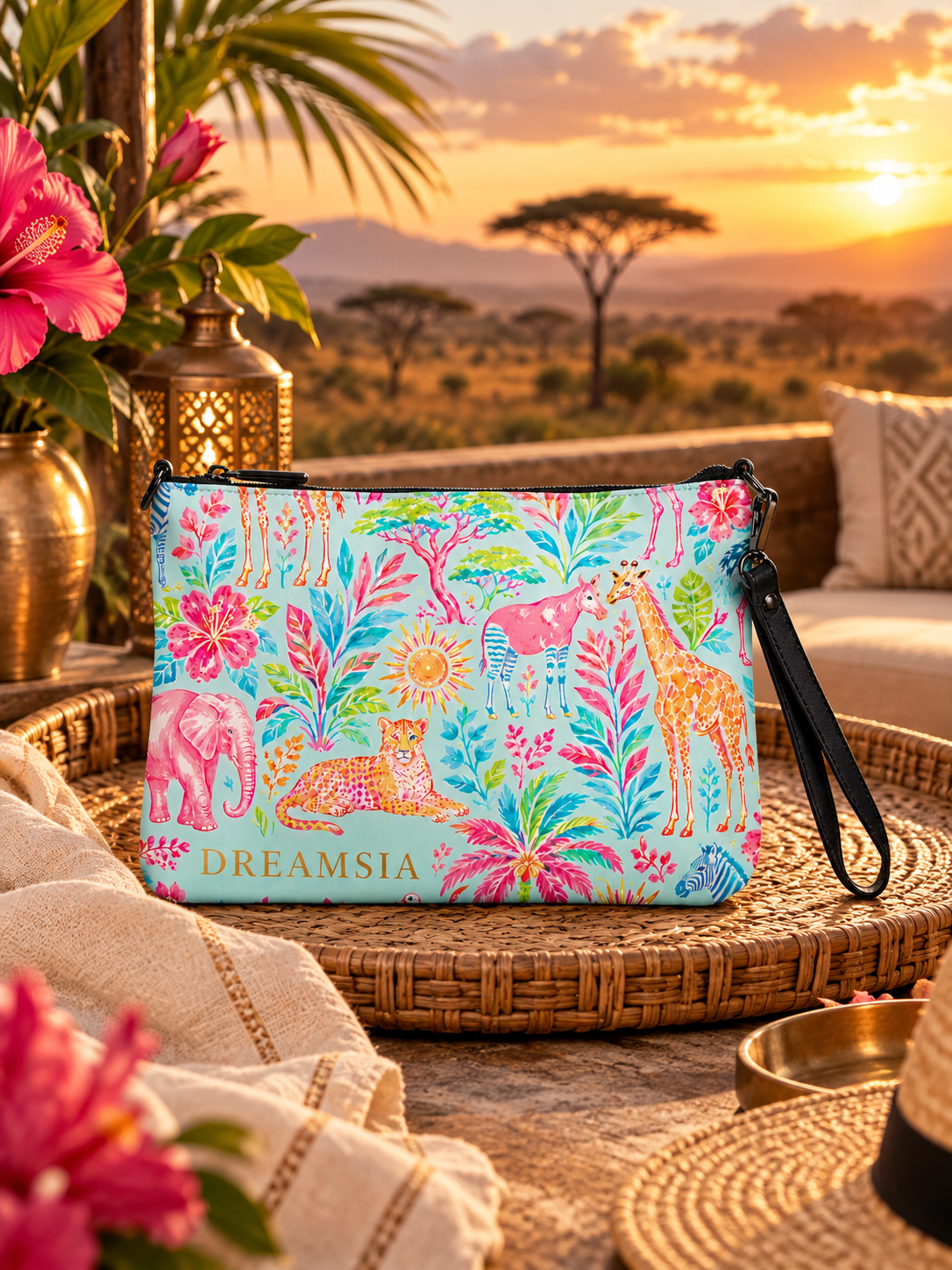 Safari print crossbody at a lodge overlooking the savanna