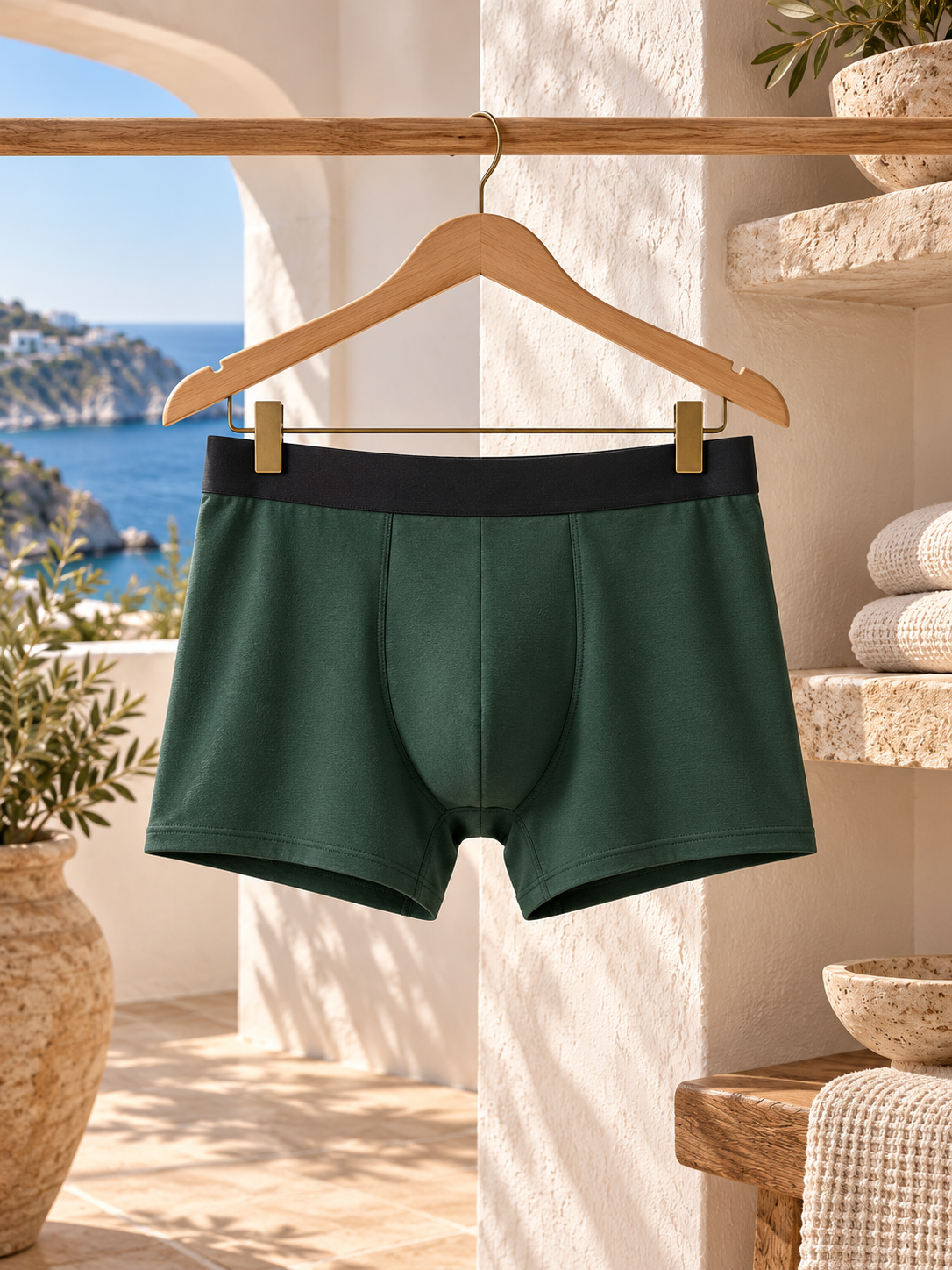 Verdant Coast Boxer Briefs | Forest-green briefs hanging from wooden hanger