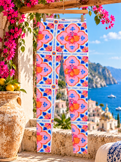 Italian floral leggings hanging on wooden hanger