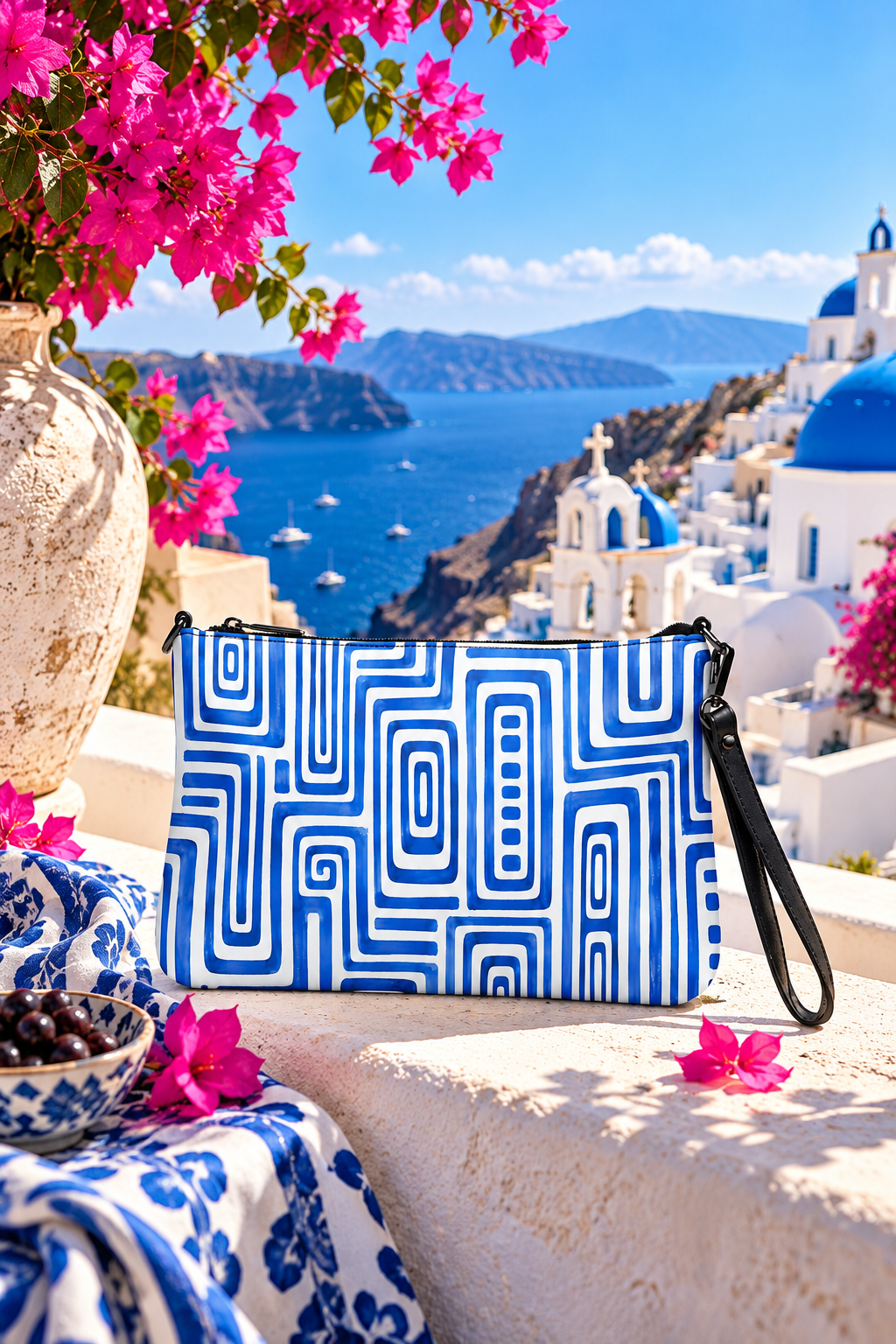 Santorini Breeze bag against Aegean Sea backdrop
