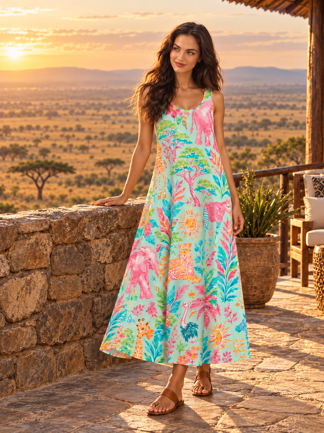 Safari-print rayon maxi dress modeled at a stone savanna lookout