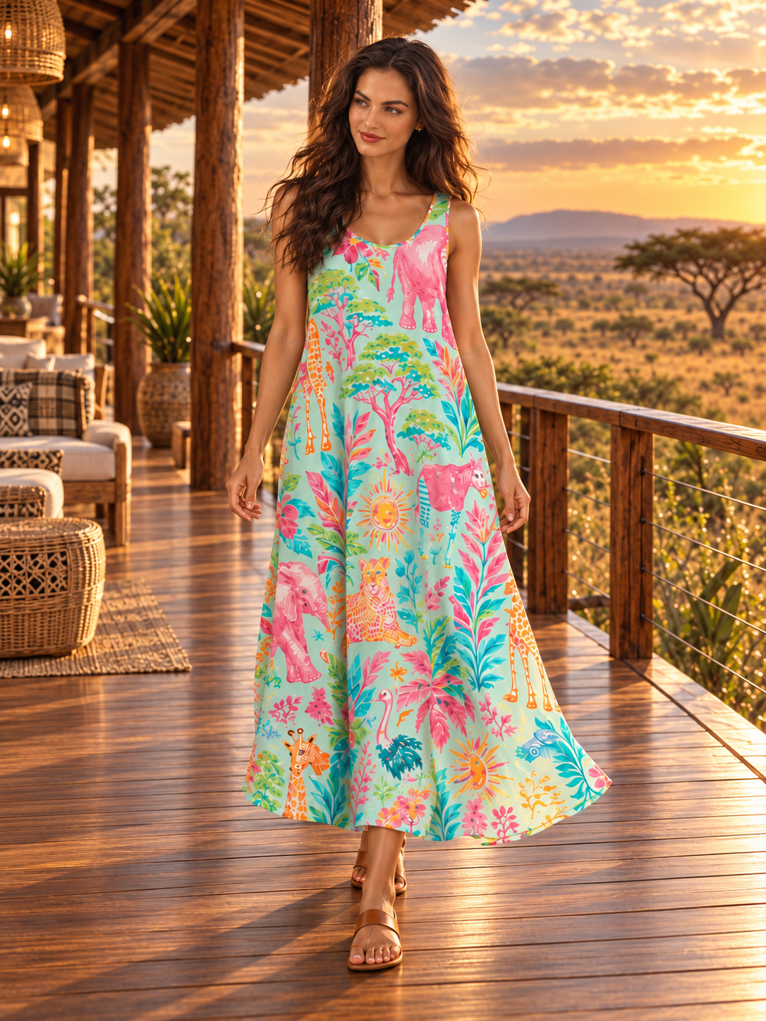 Safari-print rayon maxi dress modeled walking along the lodge veranda